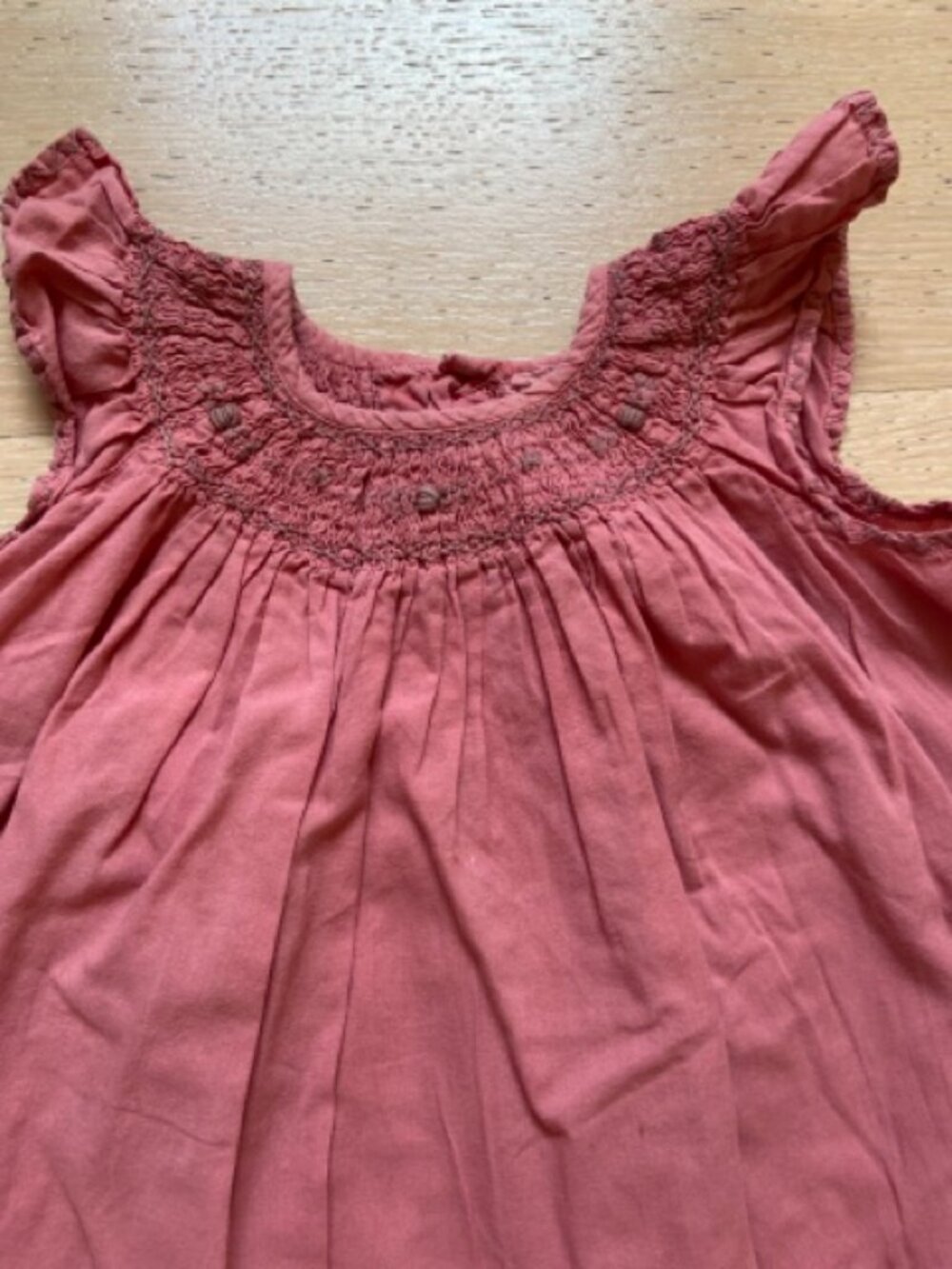 BONTON, baby girl Burnt Pink cotton dress, 12M, Embroidered smoked round collar